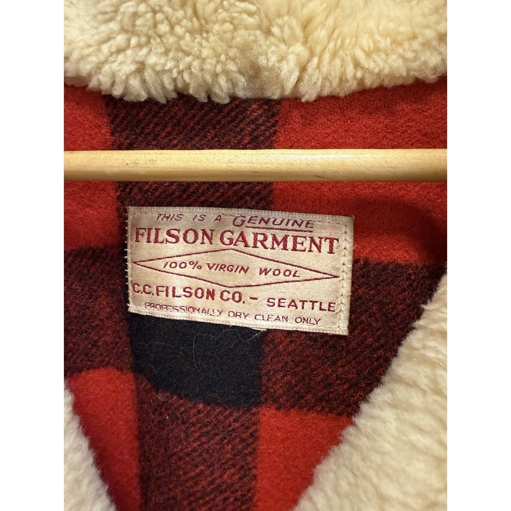 VTG CC Filson Mackinaw Wool Packer Coat Men's 48 Red Buffalo Plaid Shearling USA - Picture 13 of 16